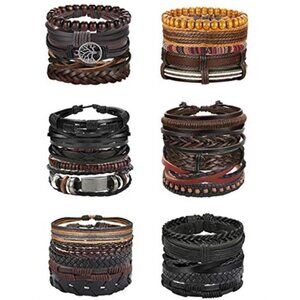 30PCS Braided Leather Bracelets Set Men Women Adjustable Beaded Woven Wristbands